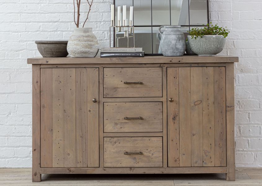 reclaimed wooden sideboard with two cupboards and three drawers