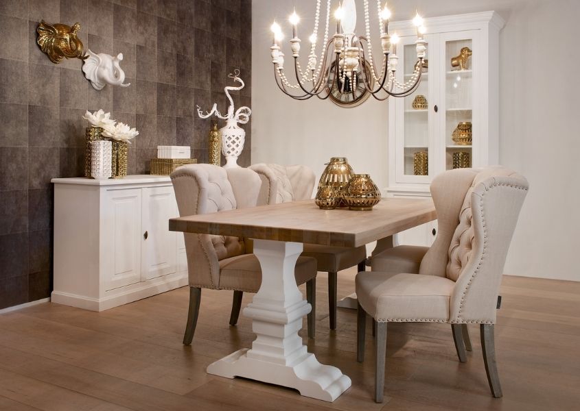 Formal dining room with reclaimed wood dining table and fabric dining chairs