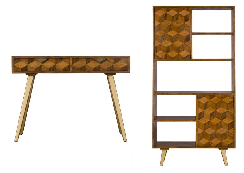 mango wooden console table and tall bookcase with diamond pattern drawers