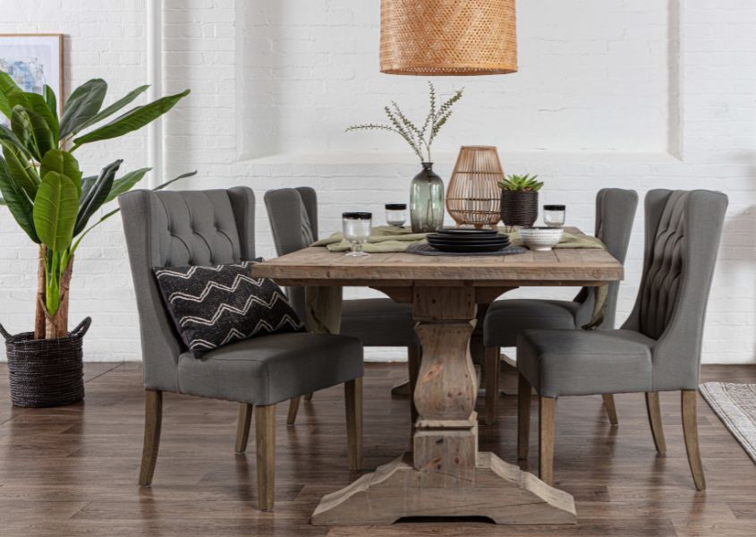 reclaimed wood dining table with grey fabric dining chairs